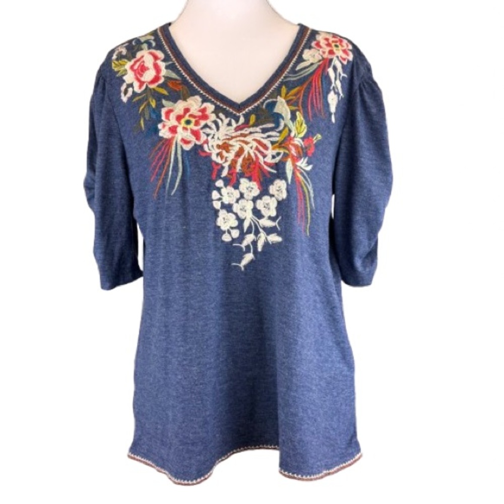 Solitaire Embroidered Floral V Neck Top Blue Puff Sleeve Boho Size L
